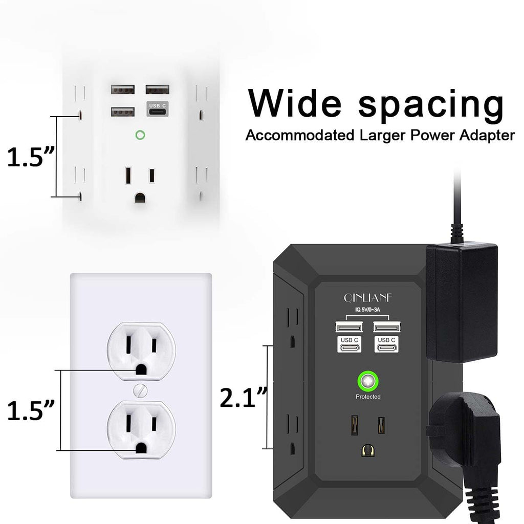 Wall Charger, Surge Protector, QINLIANF 5 Outlet Extender with 4 USB Charging Ports, 3-Sided 1680J Power Strip Multi Plug Adapter Spaced for Home Travel Office
