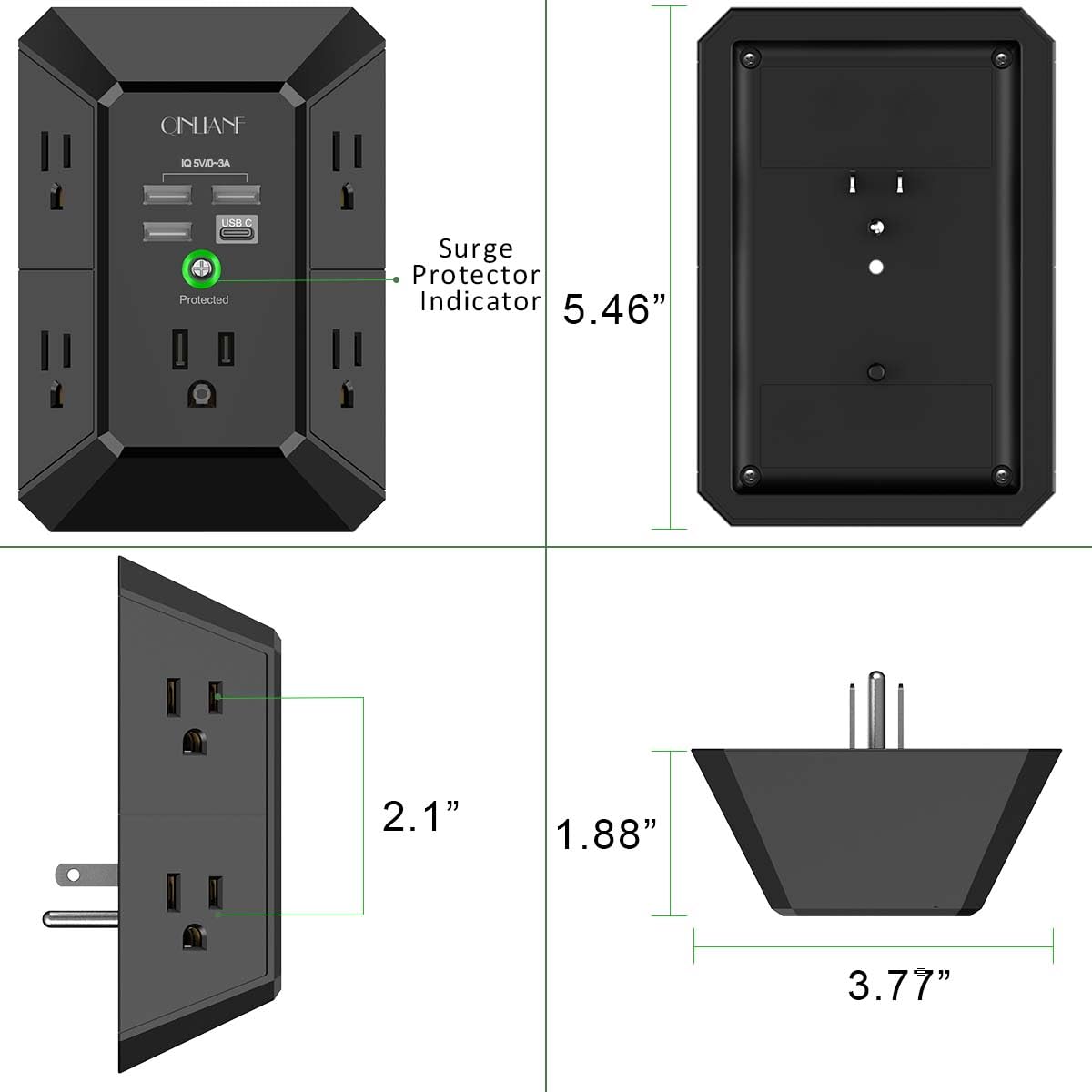 Wall Charger, Surge Protector, QINLIANF 5 Outlet Extender with 4 USB Charging Ports, 3-Sided 1680J Power Strip Multi Plug Adapter Spaced for Home Travel Office