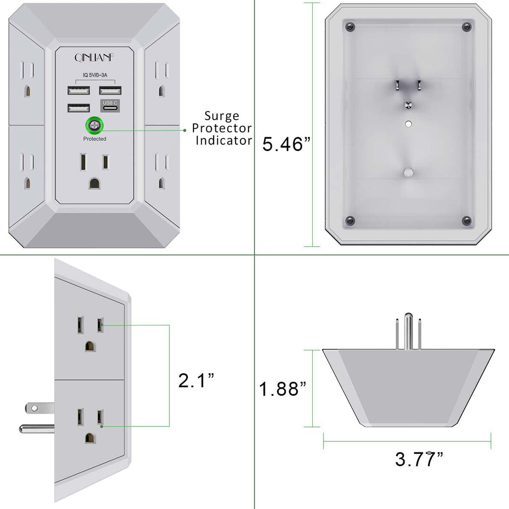 Wall Charger, Surge Protector, QINLIANF 5 Outlet Extender with 4 USB Charging Ports, 3-Sided 1680J Power Strip Multi Plug Adapter Spaced for Home Travel Office