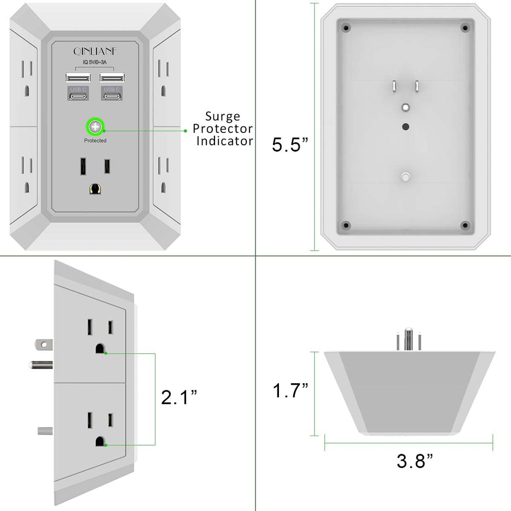 Wall Charger, Surge Protector, QINLIANF 5 Outlet Extender with 4 USB Charging Ports, 3-Sided 1680J Power Strip Multi Plug Adapter Spaced for Home Travel Office