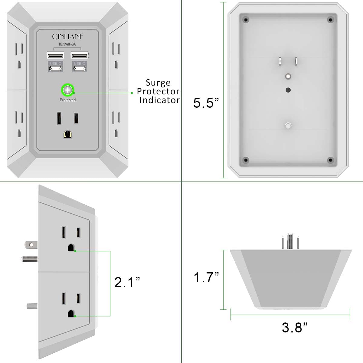 Wall Charger, Surge Protector, QINLIANF 5 Outlet Extender with 4 USB Charging Ports, 3-Sided 1680J Power Strip Multi Plug Adapter Spaced for Home Travel Office