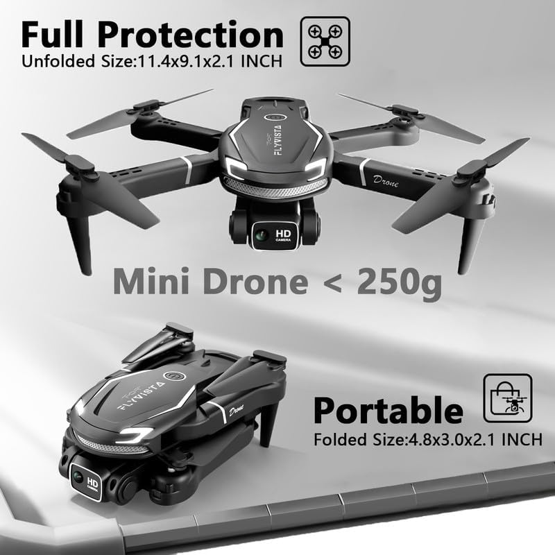 FLYVISTA Cool Mini Drone with Camera for Kids Adults Beginners, 1080P FPV Camera Remote Control Drone for Kids with 2 Batteries, One-Click Take Off/Landing, Altitude Hold, Headless Mode, 360° Flips, 3-Gear Speeds , Emergency Stop, Toys Gifts for Adults Be