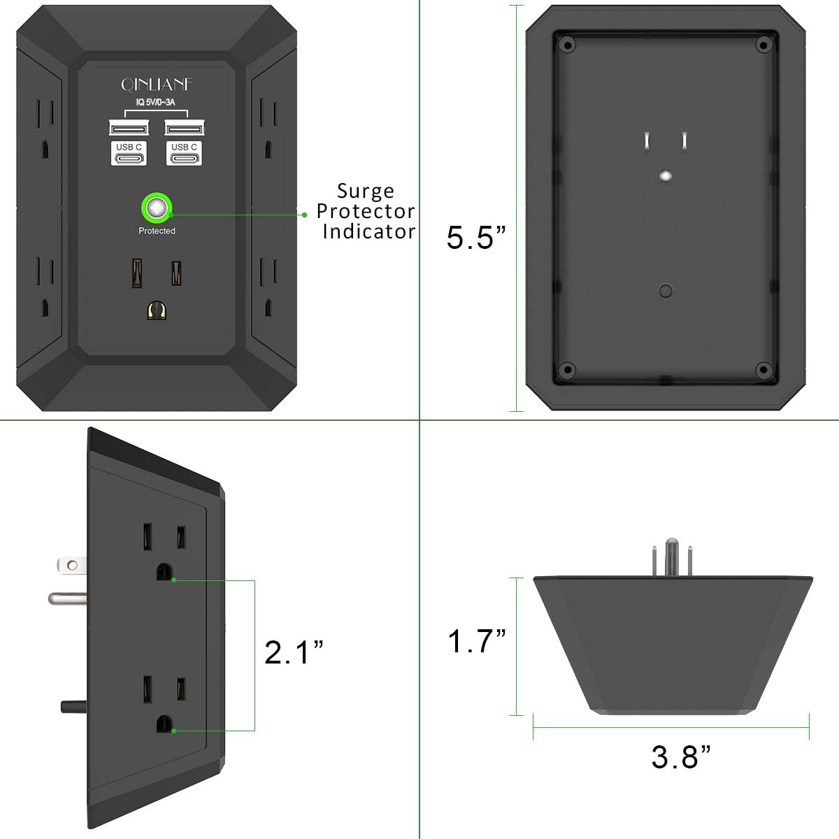 Wall Charger, Surge Protector, QINLIANF 5 Outlet Extender with 4 USB Charging Ports, 3-Sided 1680J Power Strip Multi Plug Adapter Spaced for Home Travel Office