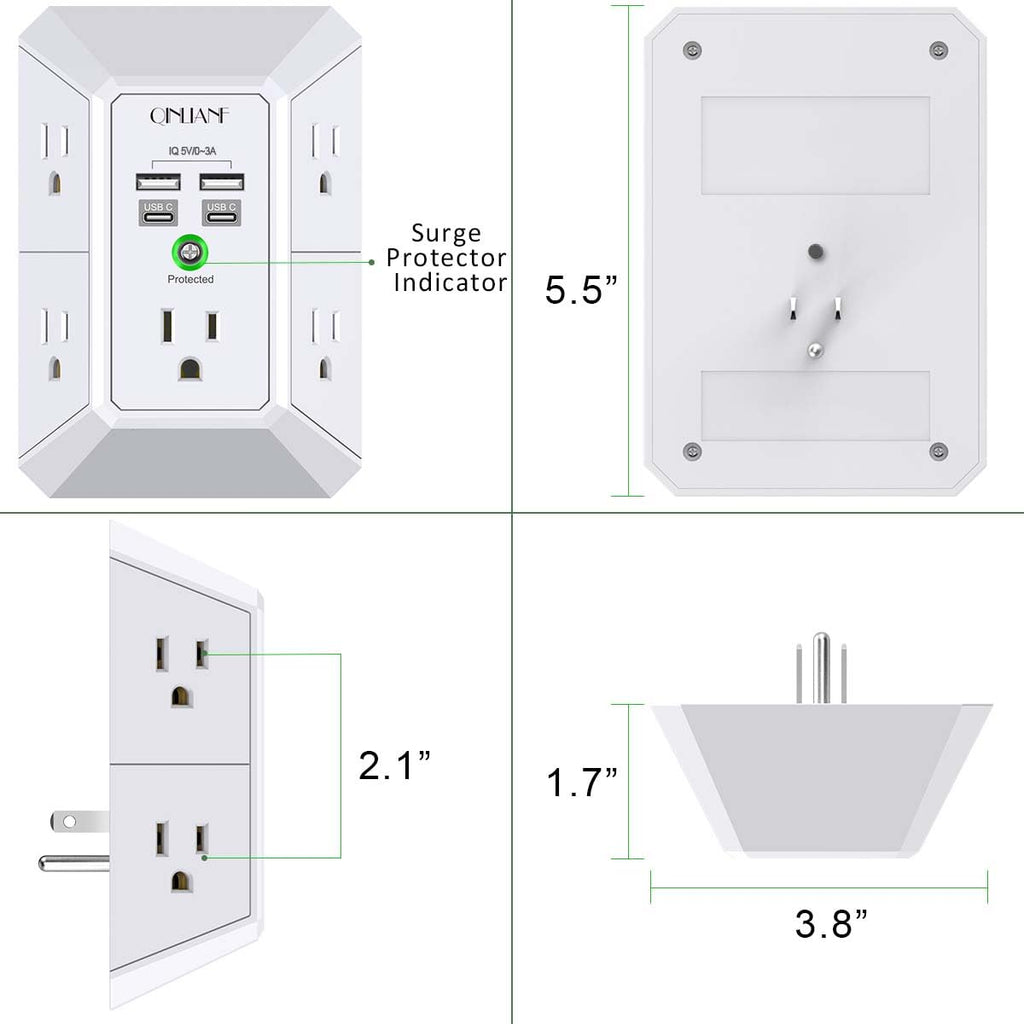 Wall Charger, Surge Protector, QINLIANF 5 Outlet Extender with 4 USB Charging Ports, 3-Sided 1680J Power Strip Multi Plug Adapter Spaced for Home Travel Office