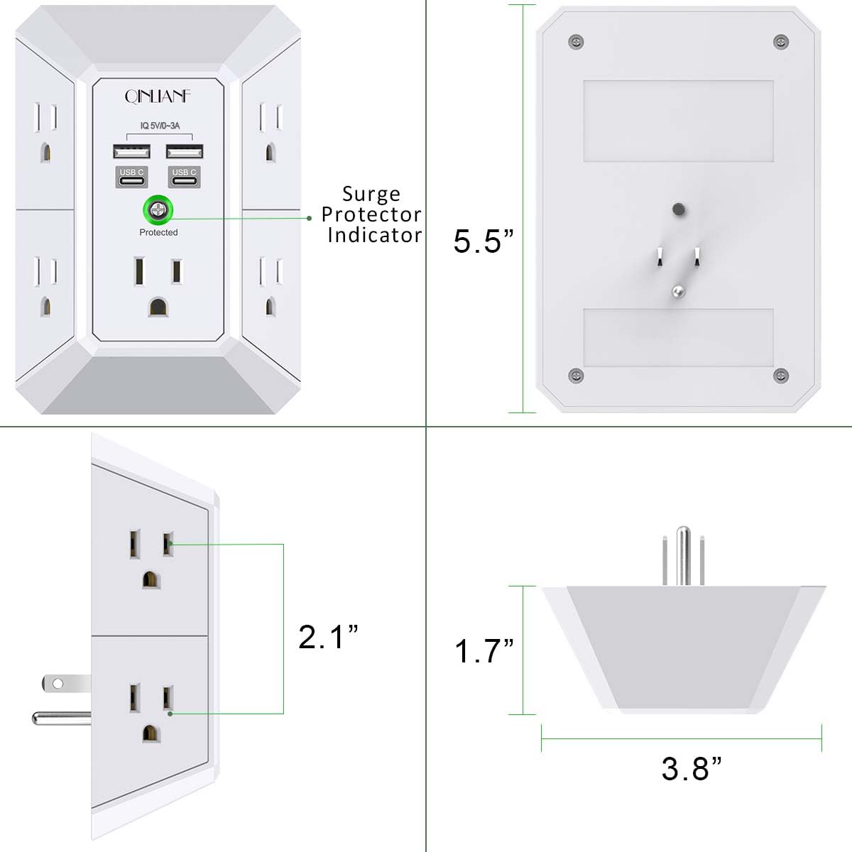 Wall Charger, Surge Protector, QINLIANF 5 Outlet Extender with 4 USB Charging Ports, 3-Sided 1680J Power Strip Multi Plug Adapter Spaced for Home Travel Office