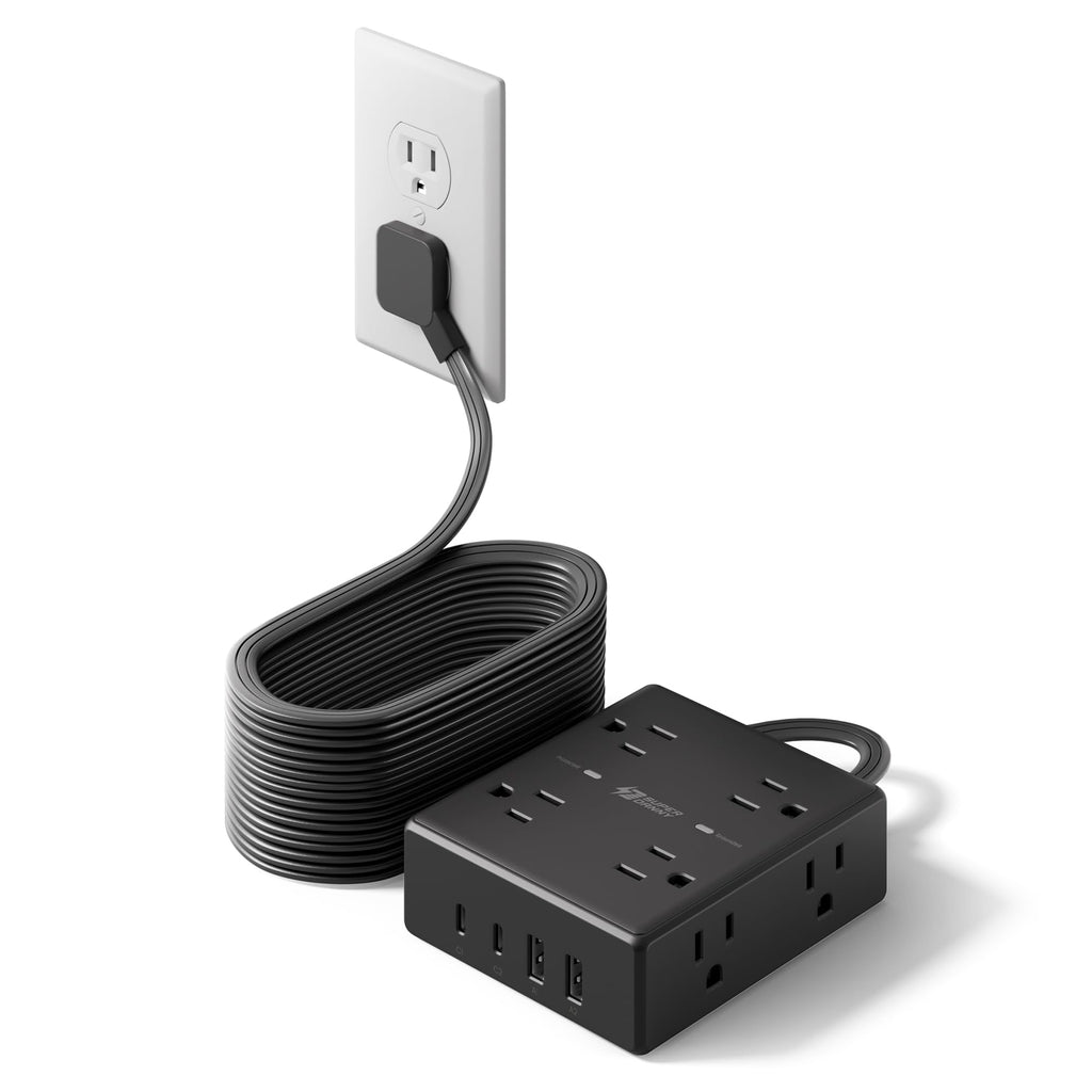 10Ft Extension Cord with Multiple Outlets, Flat Plug Surge Protector Power Strip 10 Ft Long Cord, 8 Outlets & 4 USB Ports (2 USB C), Desk Charging Station for Home Office, College Dorm Room Essentials