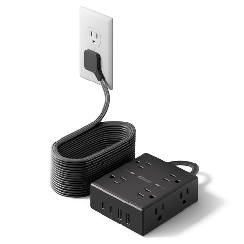10Ft Extension Cord with Multiple Outlets, Flat Plug Surge Protector Power Strip 10 Ft Long Cord, 8 Outlets & 4 USB Ports (2 USB C), Desk Charging Station for Home Office, College Dorm Room Essentials