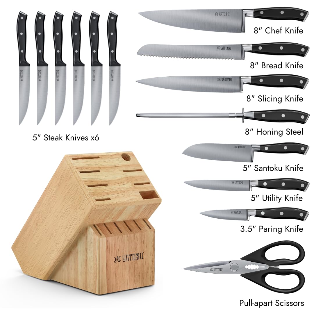 Yatoshi Professional Kitchen Knife Set, 15 Pieces, High Carbon Stainless Steel, Ergonomic Handle