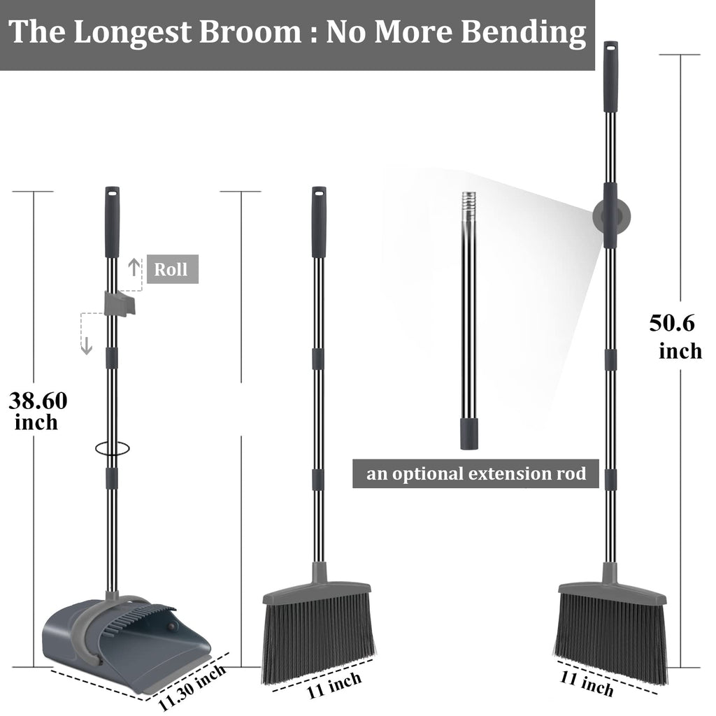 Ivandar Broom and Dustpan Set for Home, Dust pan with Long Handle, Broom with Dustpan Combo Set, for Home Kitchen Room Office Lobby Floor Use Upright Stand Up Sweeping (Gray&Green)