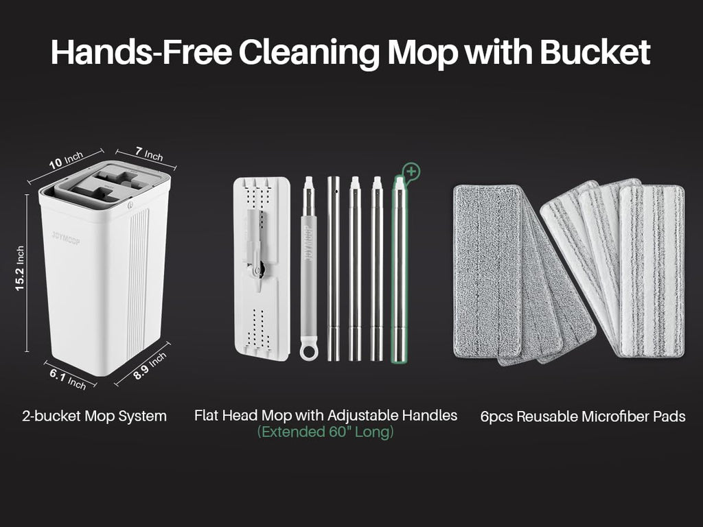 JOYMOOP Mop and Bucket Set, Flat Mops for Floor & Wall Cleaning, Commercial & Household Use, Hardwood Floor Mop with Long Handle & 4 Microfiber Pads