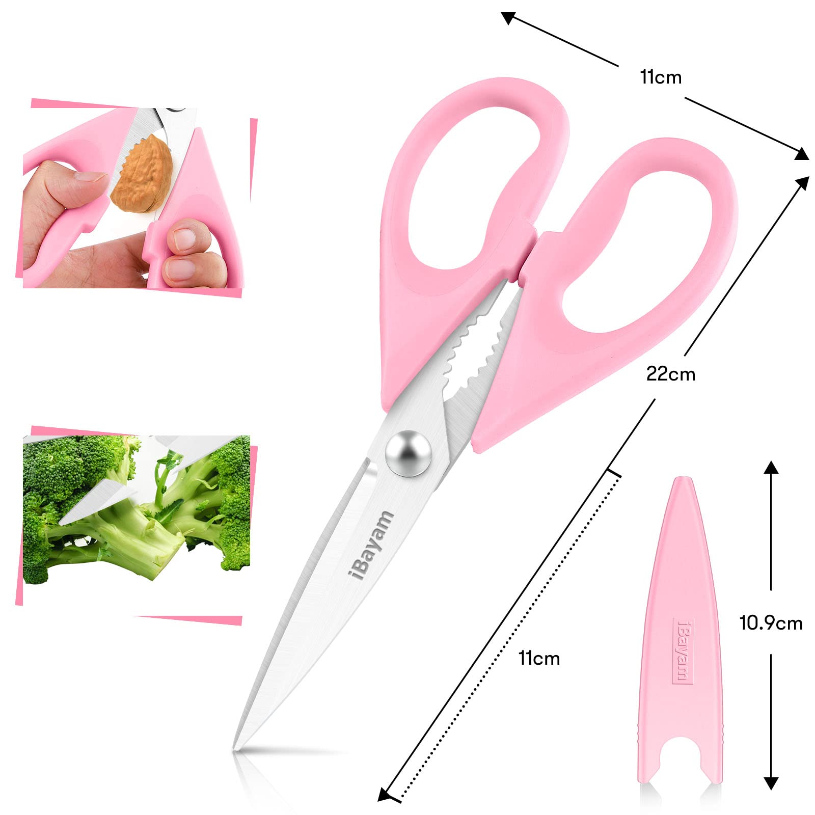 iBayam Kitchen Scissors All Purpose Heavy Duty 2 Pack with Protective Sheath, Stainless Steel Shears Kitchen Utensils Set for Cutting Food Cooking Meat Poultry Dishwasher Safe Soft Comfort-Grip