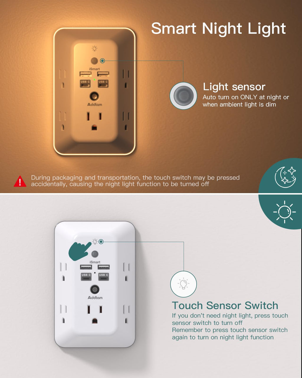 Surge Protector, Outlet Extender with Night Light, Addtam 5-Outlet Splitter and 4 USB Ports(1 USB C), Multi Plug Wall Outlet for Home Office Dorm Room Essentials