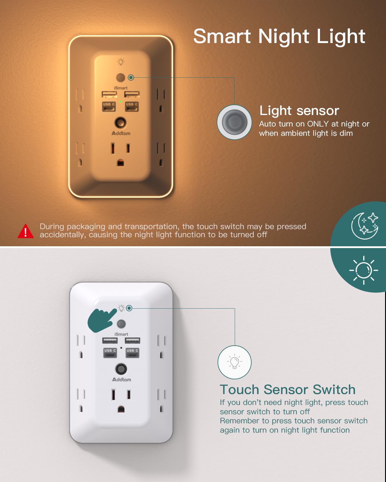Surge Protector, Outlet Extender with Night Light, Addtam 5-Outlet Splitter and 4 USB Ports(1 USB C), Multi Plug Wall Outlet for Home Office Dorm Room Essentials