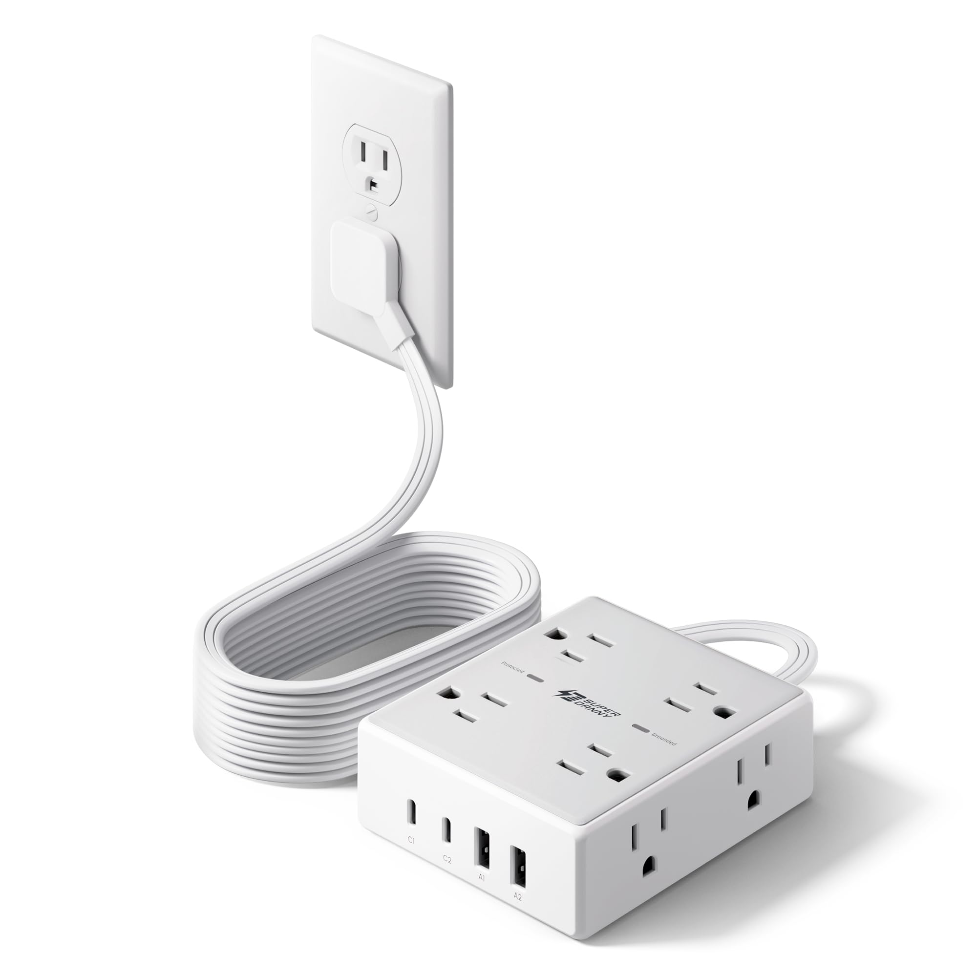 10Ft Extension Cord with Multiple Outlets, Flat Plug Surge Protector Power Strip 10 Ft Long Cord, 8 Outlets & 4 USB Ports (2 USB C), Desk Charging Station for Home Office, College Dorm Room Essentials