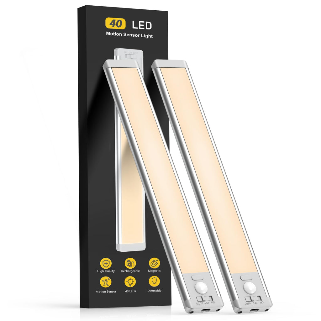 Under Cabinet Lighting, 14.7" Rechargeable Motion Sensor Light Indoor, 2 Pack Magnetic Dimmable Closet Lights, Wireless Under Counter Lights for Kitchen, Stairs,Hallway