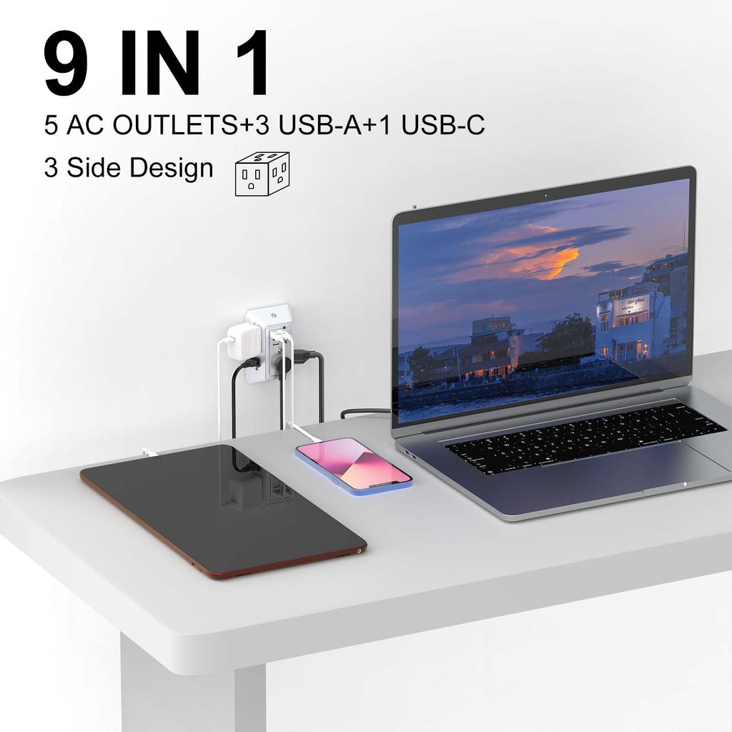 Wall Charger, Surge Protector, QINLIANF 5 Outlet Extender with 4 USB Charging Ports, 3-Sided 1680J Power Strip Multi Plug Adapter Spaced for Home Travel Office