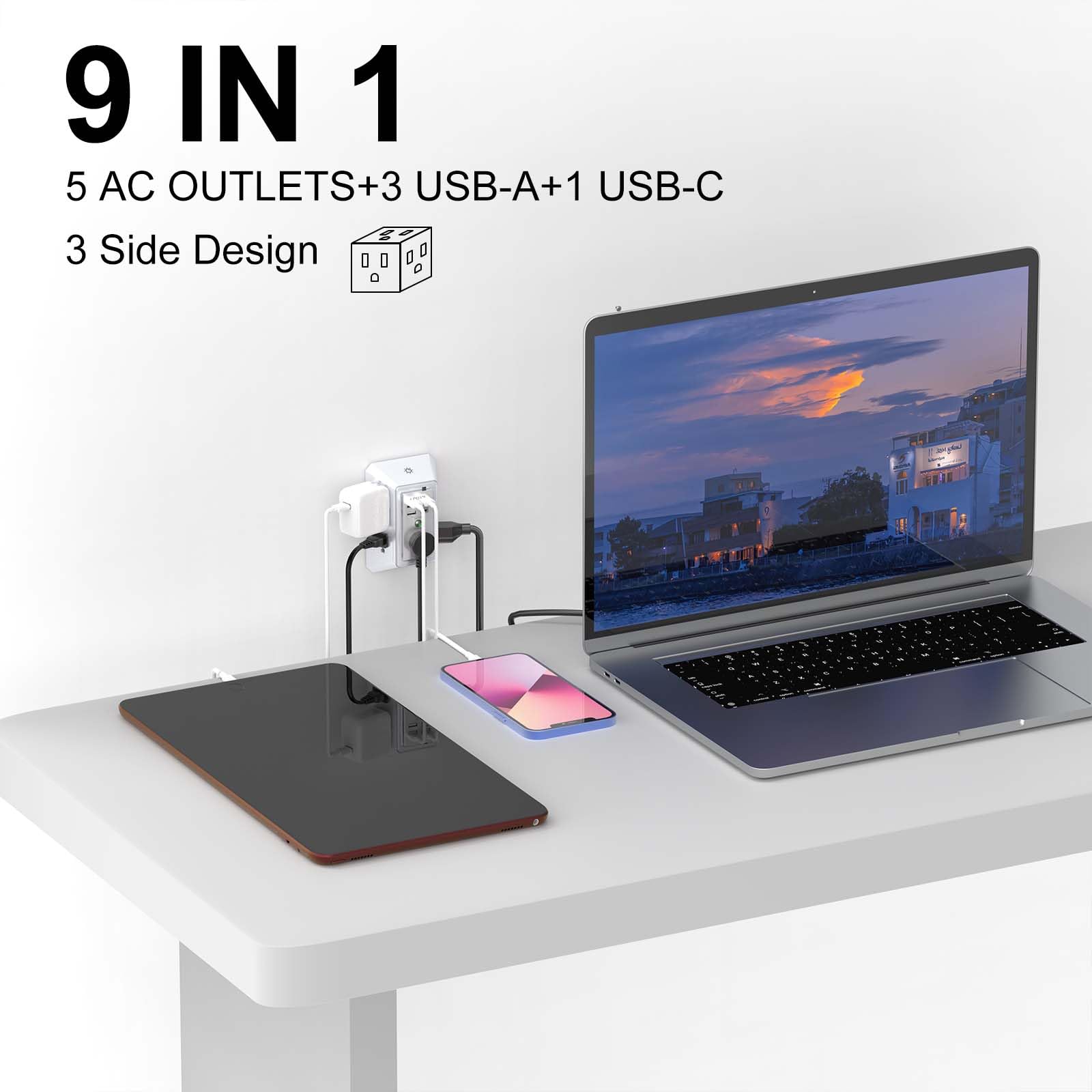 Wall Charger, Surge Protector, QINLIANF 5 Outlet Extender with 4 USB Charging Ports, 3-Sided 1680J Power Strip Multi Plug Adapter Spaced for Home Travel Office