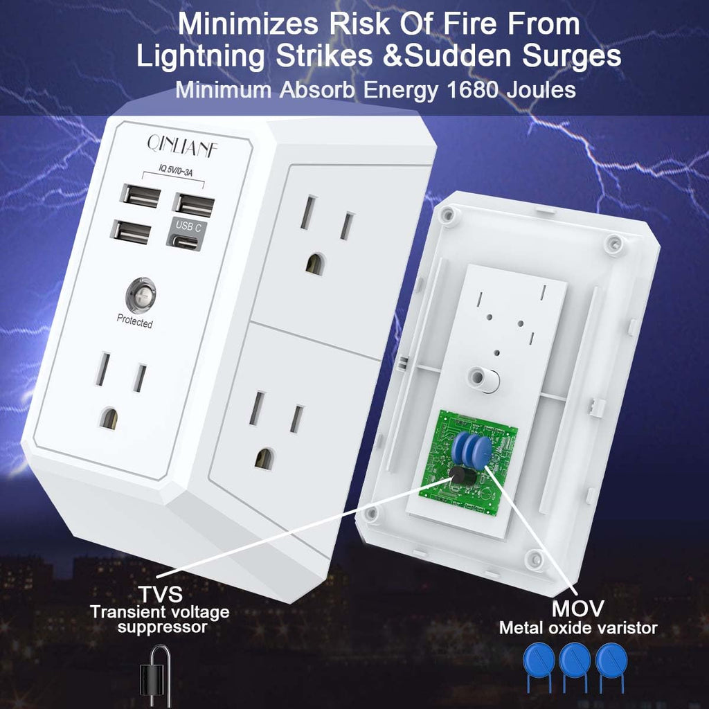 Wall Charger, Surge Protector, QINLIANF 5 Outlet Extender with 4 USB Charging Ports, 3-Sided 1680J Power Strip Multi Plug Adapter Spaced for Home Travel Office