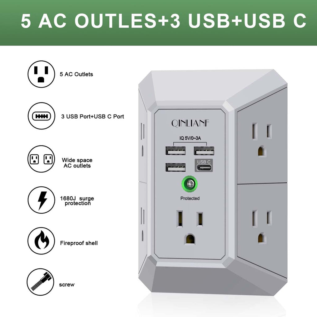 Wall Charger, Surge Protector, QINLIANF 5 Outlet Extender with 4 USB Charging Ports, 3-Sided 1680J Power Strip Multi Plug Adapter Spaced for Home Travel Office