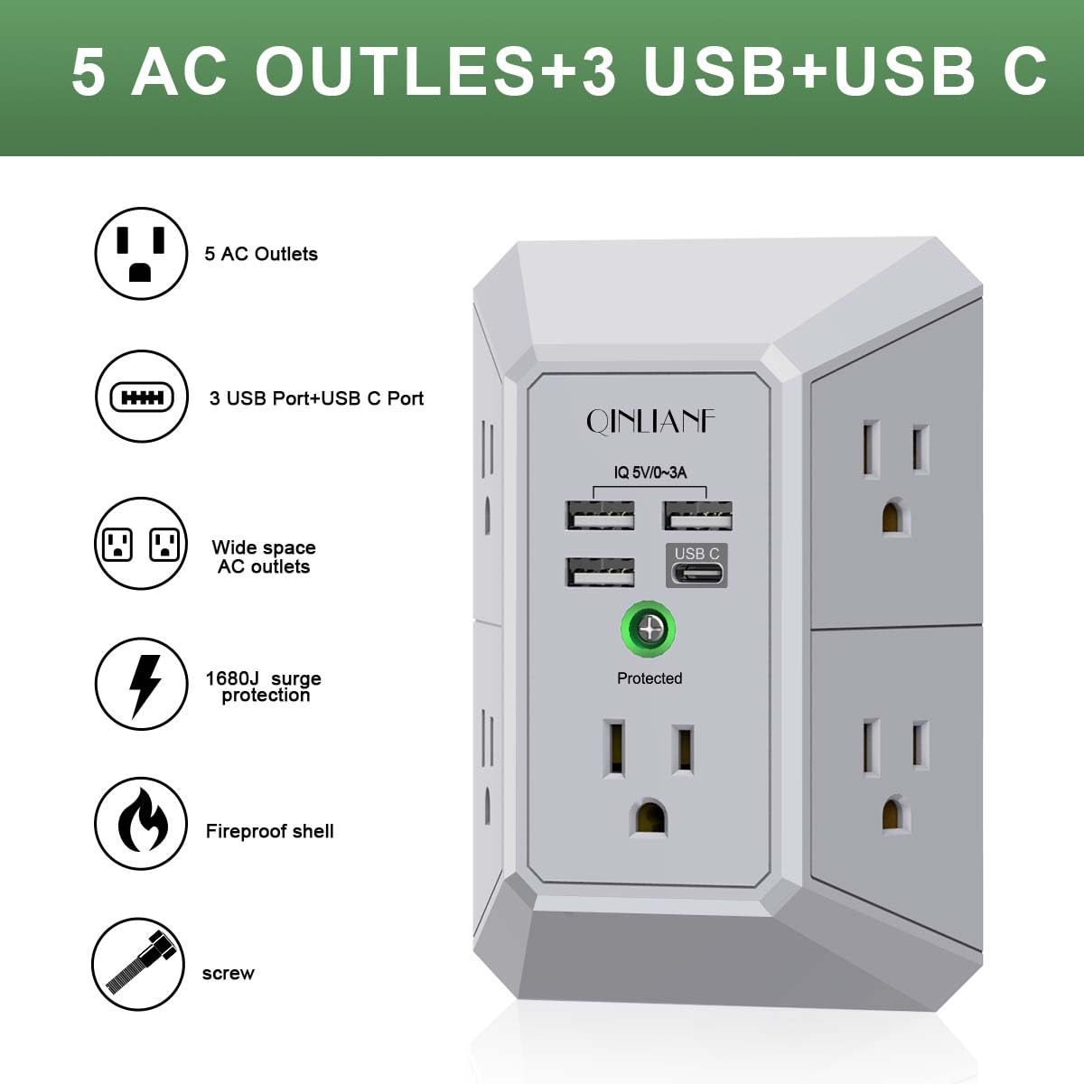 Wall Charger, Surge Protector, QINLIANF 5 Outlet Extender with 4 USB Charging Ports, 3-Sided 1680J Power Strip Multi Plug Adapter Spaced for Home Travel Office
