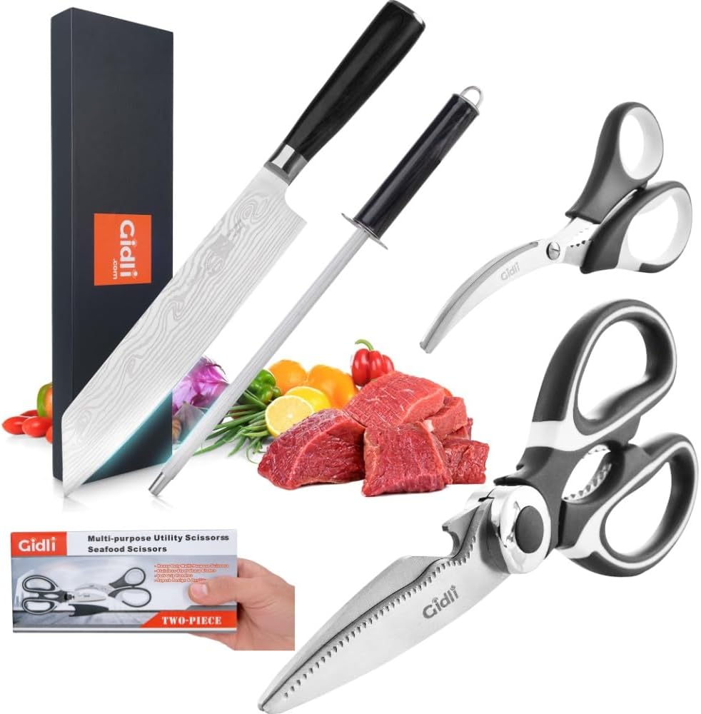 Gidli Chef Knife and Kitchen Shears Set – Ultra Sharp 8” Chef Knife with Knife Sharpener + Heavy Duty Kitchen Scissors & Seafood Scissors – Premium Stainless Steel Cooking Set – Gift Ready
