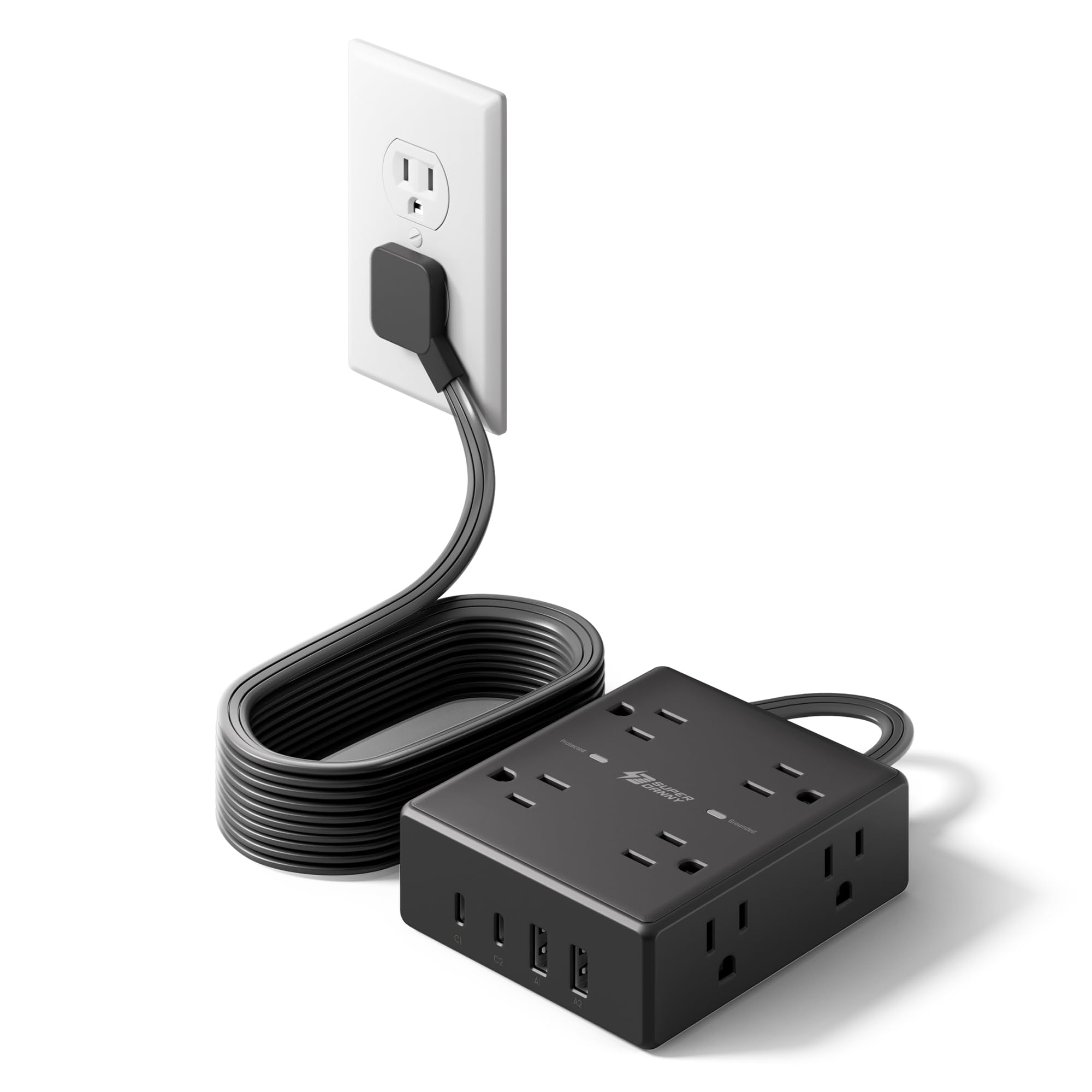 10Ft Extension Cord with Multiple Outlets, Flat Plug Surge Protector Power Strip 10 Ft Long Cord, 8 Outlets & 4 USB Ports (2 USB C), Desk Charging Station for Home Office, College Dorm Room Essentials