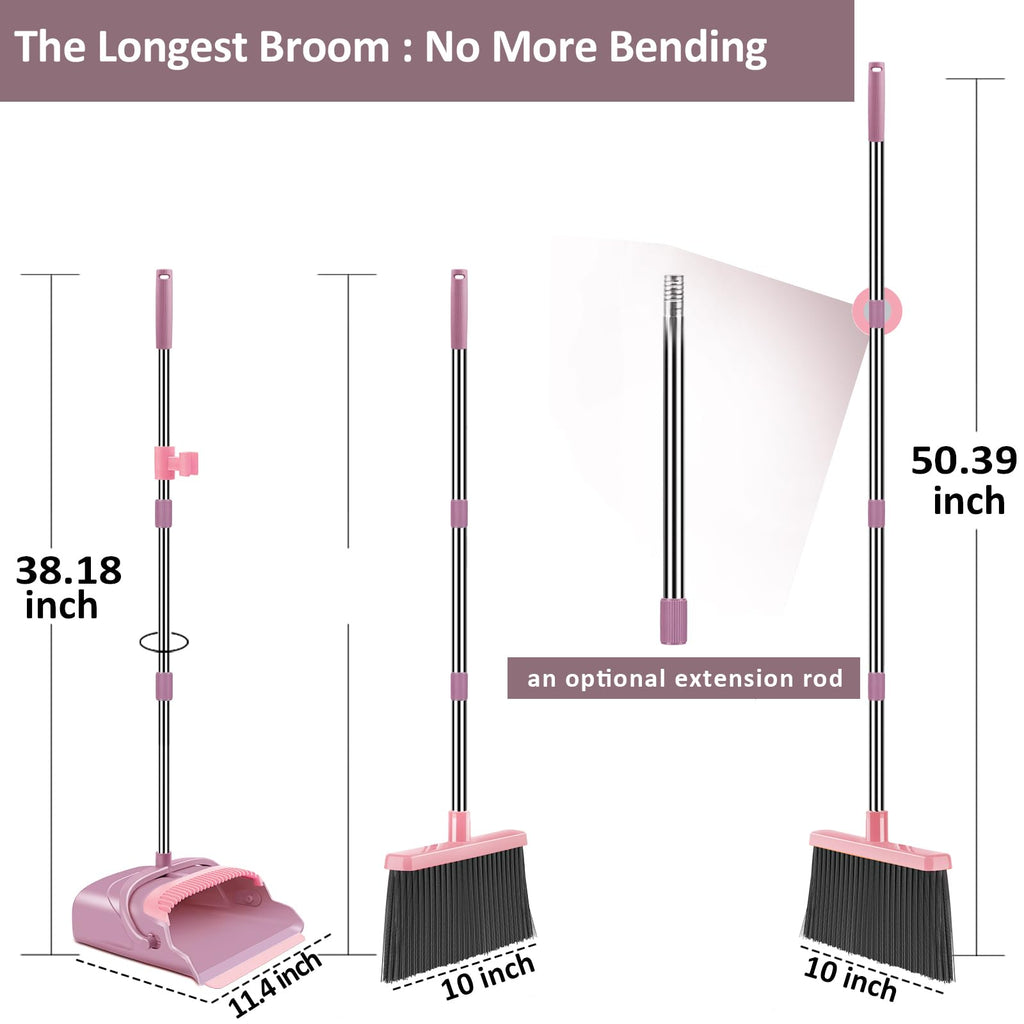 Upgrade Broom and Dustpan Set, Self-Cleaning with Dustpan Teeth, Indoor&Outdoor Sweeping, Ideal for Dog Cat Pets Home Use, Stand Up Broom and Dustpan (Gray&Orange)