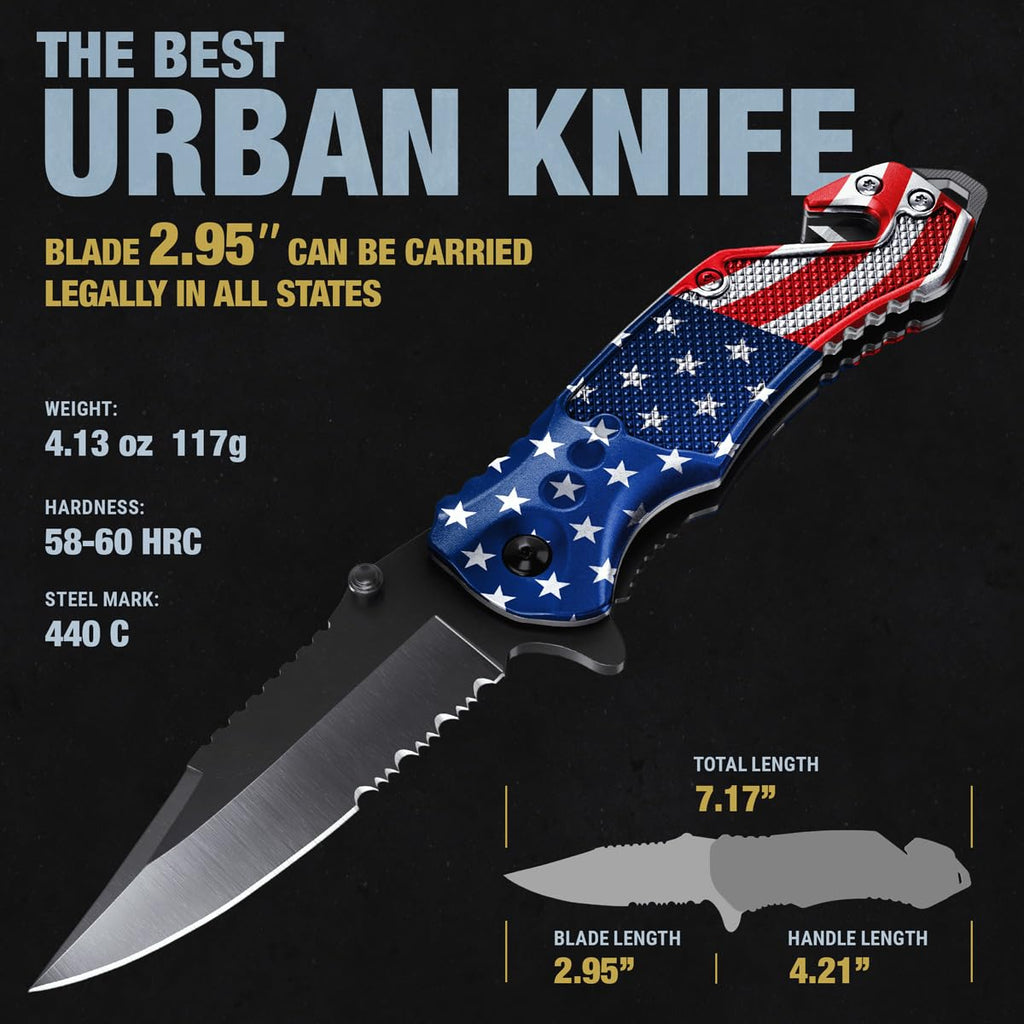 GOOD WORKER Legal Pocket Knife with 2.95” Serrated Blade, Glass Breaker, Seat Belt Cutter - EDC Sharp Folding Knives with Portable Clip - Small Tool for Tactical Camping Survival Hiking - Gifts for Men, Women