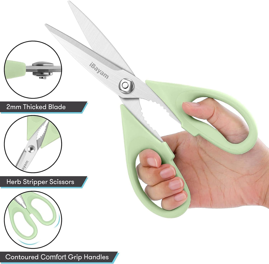iBayam Kitchen Scissors All Purpose Heavy Duty 2 Pack with Protective Sheath, Stainless Steel Shears Kitchen Utensils Set for Cutting Food Cooking Meat Poultry Dishwasher Safe Soft Comfort-Grip