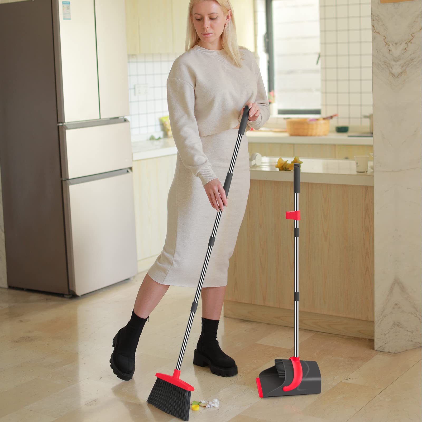 Ivandar Broom and Dustpan Set for Home, Dust pan with Long Handle, Broom with Dustpan Combo Set, for Home Kitchen Room Office Lobby Floor Use Upright Stand Up Sweeping (Gray&Green)