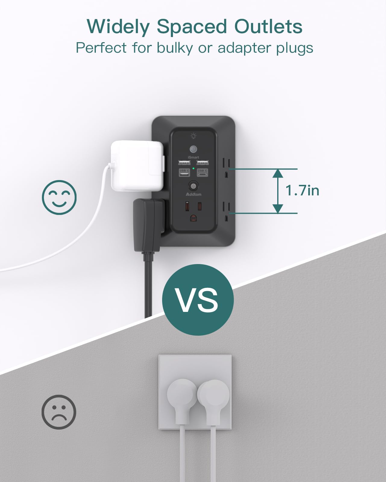 Surge Protector, Outlet Extender with Night Light, Addtam 5-Outlet Splitter and 4 USB Ports(1 USB C), Multi Plug Wall Outlet for Home Office Dorm Room Essentials