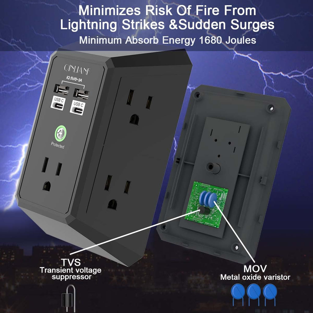Wall Charger, Surge Protector, QINLIANF 5 Outlet Extender with 4 USB Charging Ports, 3-Sided 1680J Power Strip Multi Plug Adapter Spaced for Home Travel Office