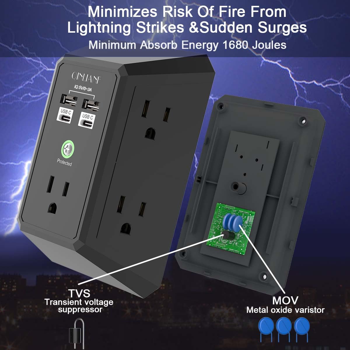 Wall Charger, Surge Protector, QINLIANF 5 Outlet Extender with 4 USB Charging Ports, 3-Sided 1680J Power Strip Multi Plug Adapter Spaced for Home Travel Office