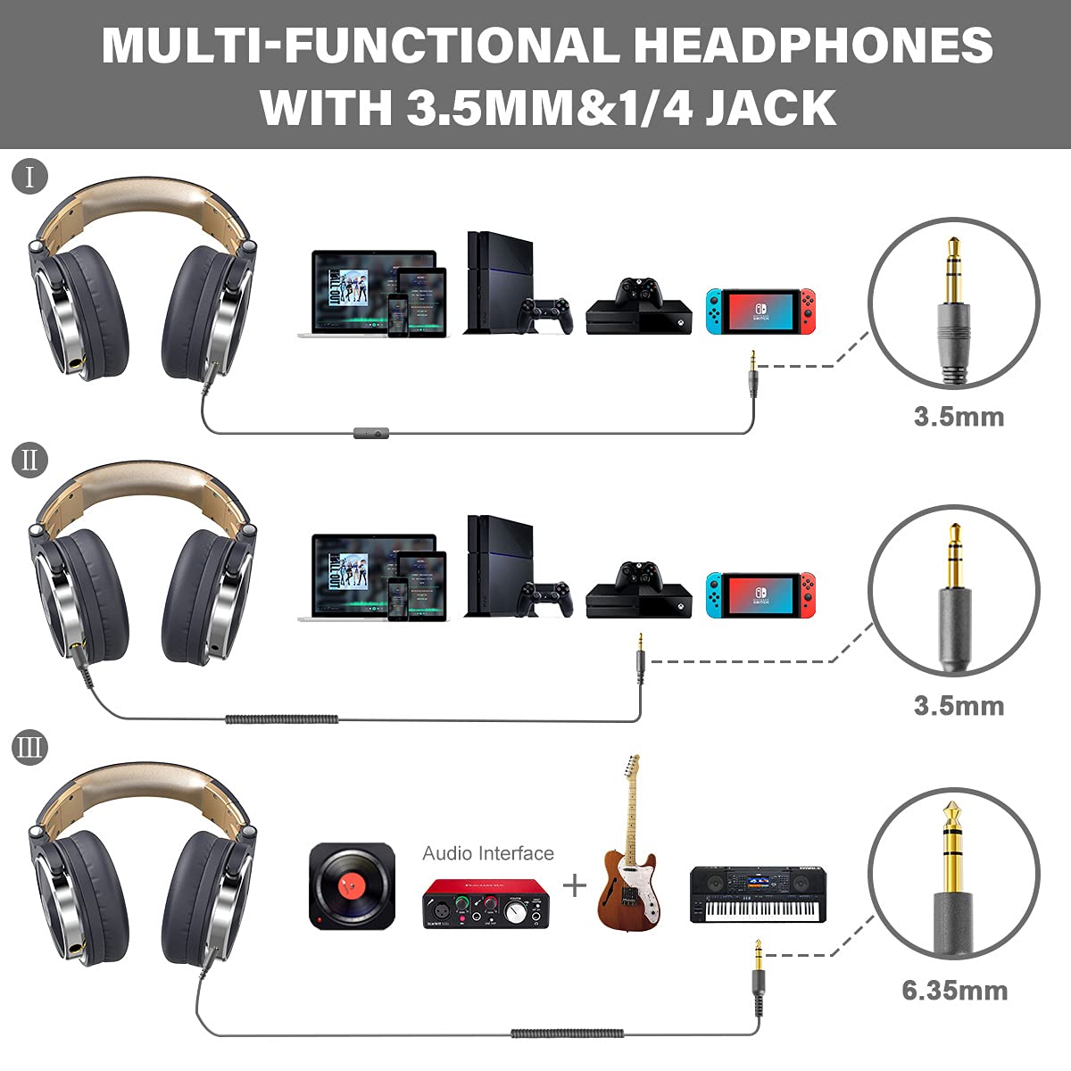 OneOdio Wired Over Ear Headphones Hi-Res Studio Monitor & Mixing DJ Stereo Headsets with 50mm Drivers and 1/4 to 3.5mm Jack for AMP Computer Recording Podcast Keyboard Guitar Laptop - Black