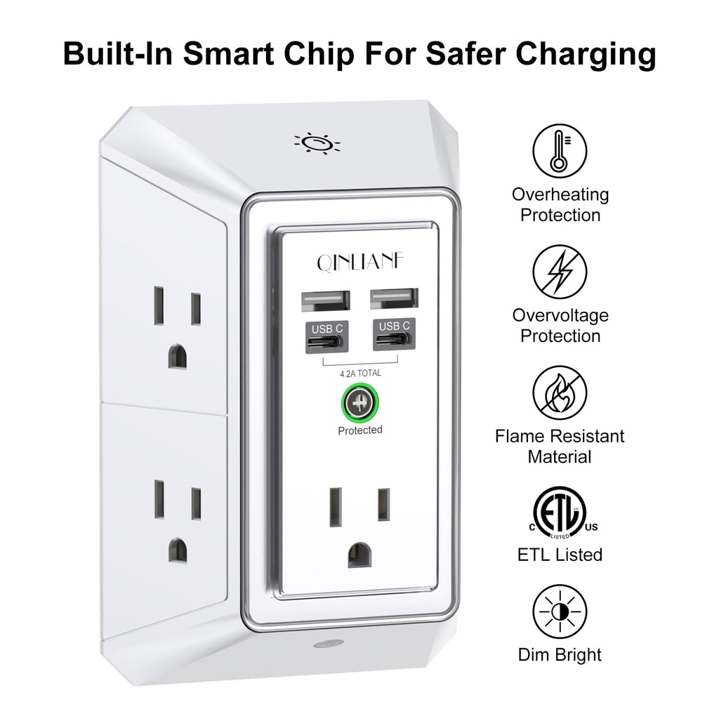Wall Charger, Surge Protector, QINLIANF 5 Outlet Extender with 4 USB Charging Ports, 3-Sided 1680J Power Strip Multi Plug Adapter Spaced for Home Travel Office