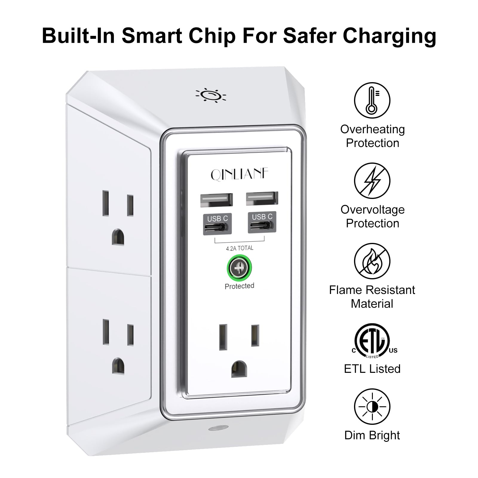 Wall Charger, Surge Protector, QINLIANF 5 Outlet Extender with 4 USB Charging Ports, 3-Sided 1680J Power Strip Multi Plug Adapter Spaced for Home Travel Office