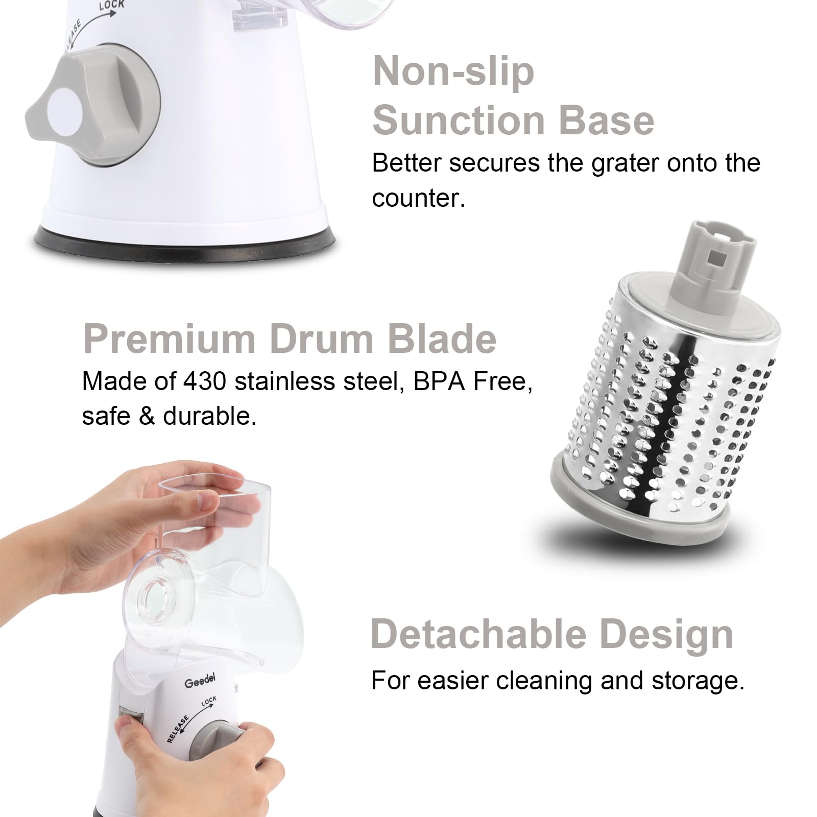 Geedel Rotary Cheese Grater, Kitchen Mandoline Vegetable Slicer with 3 Interchangeable Blades, Easy to Clean Grater for Fruit, Vegetables, Nuts