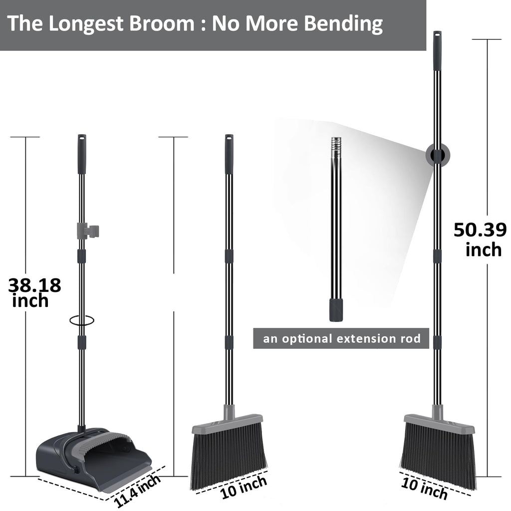 Upgrade Broom and Dustpan Set, Self-Cleaning with Dustpan Teeth, Indoor&Outdoor Sweeping, Ideal for Dog Cat Pets Home Use, Stand Up Broom and Dustpan (Gray&Orange)