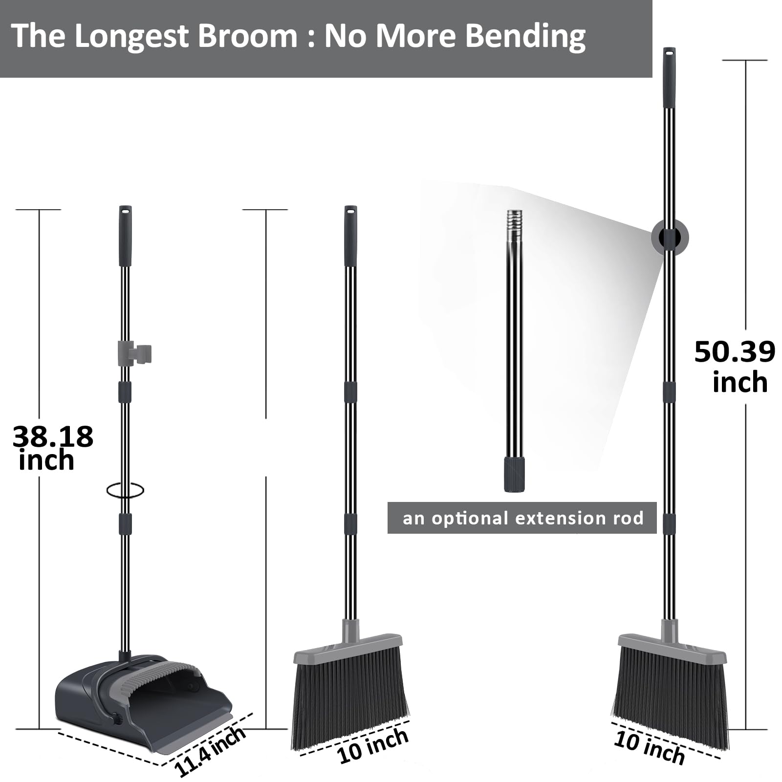 Upgrade Broom and Dustpan Set, Self-Cleaning with Dustpan Teeth, Indoor&Outdoor Sweeping, Ideal for Dog Cat Pets Home Use, Stand Up Broom and Dustpan (Gray&Orange)