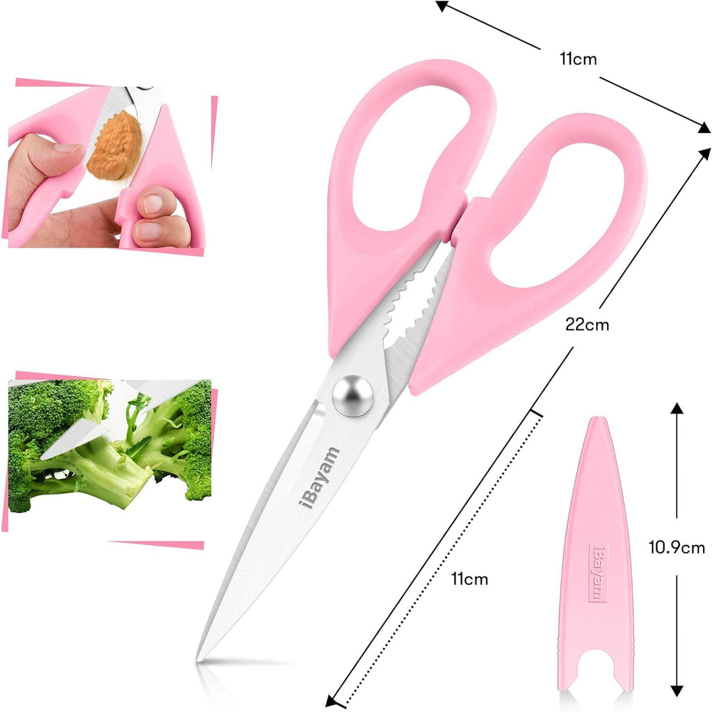 iBayam Kitchen Scissors All Purpose Heavy Duty 2 Pack with Protective Sheath, Stainless Steel Shears Kitchen Utensils Set for Cutting Food Cooking Meat Poultry Dishwasher Safe Soft Comfort-Grip