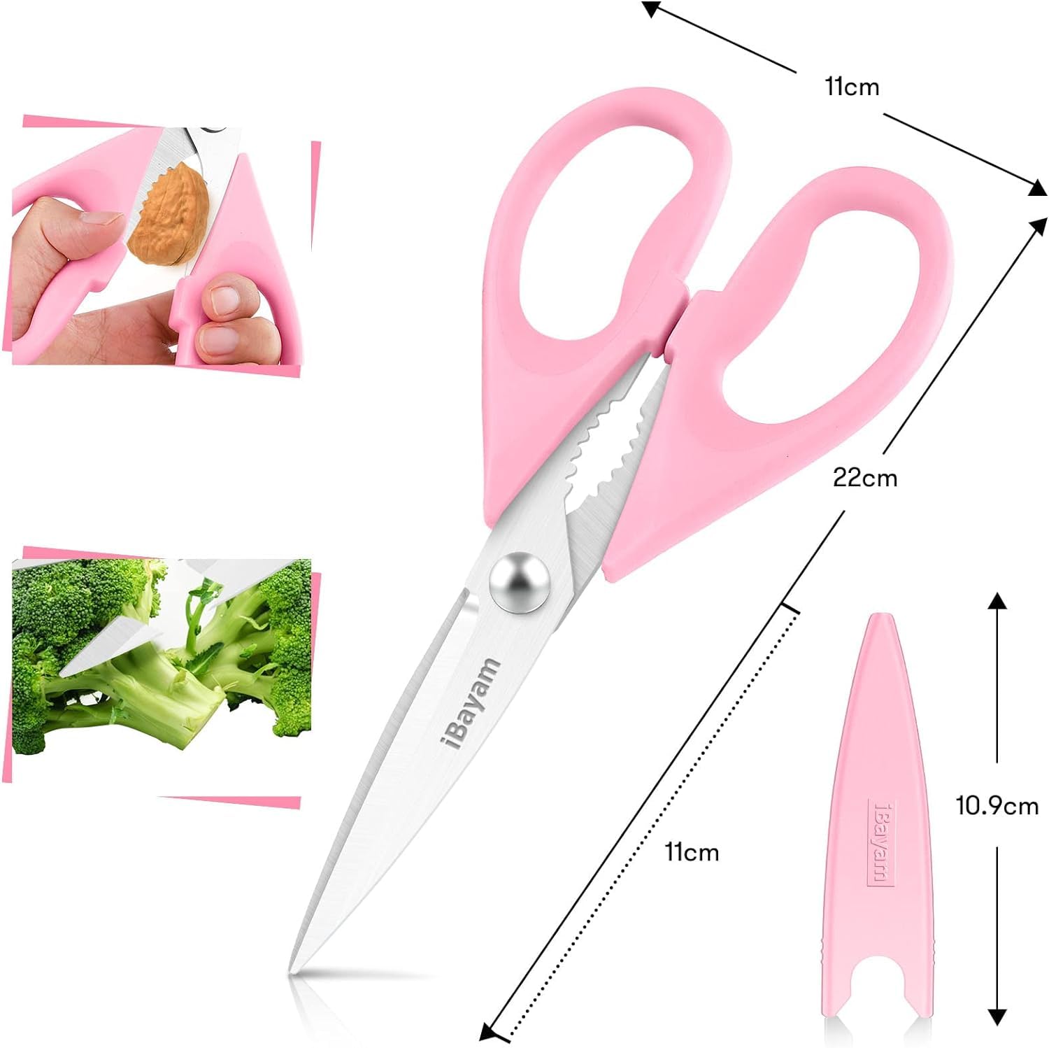iBayam Kitchen Scissors All Purpose Heavy Duty 2 Pack with Protective Sheath, Stainless Steel Shears Kitchen Utensils Set for Cutting Food Cooking Meat Poultry Dishwasher Safe Soft Comfort-Grip