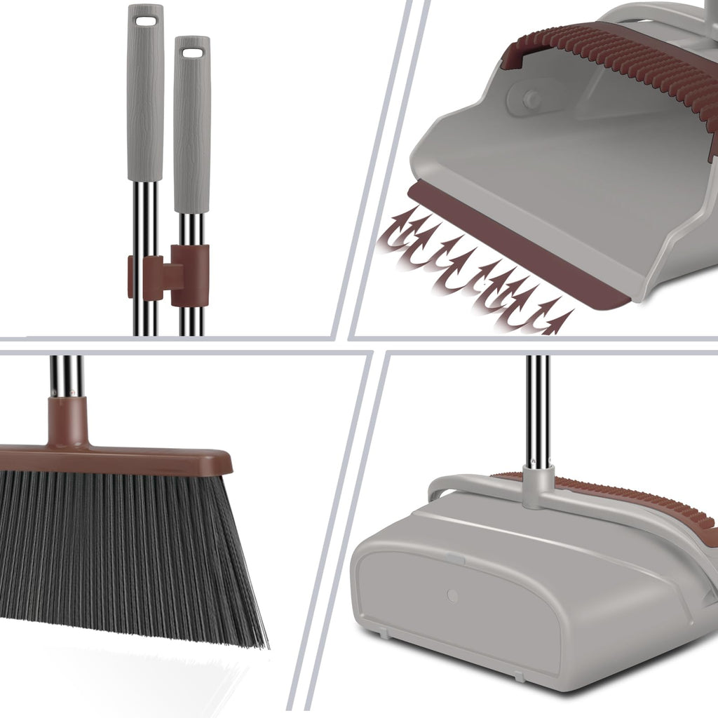 Upgrade Broom and Dustpan Set, Self-Cleaning with Dustpan Teeth, Indoor&Outdoor Sweeping, Ideal for Dog Cat Pets Home Use, Stand Up Broom and Dustpan (Gray&Orange)