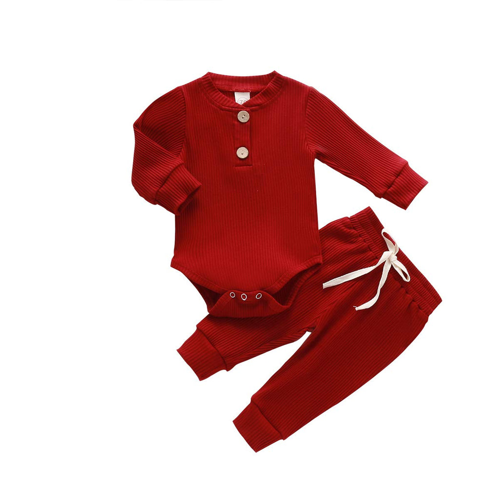 Newborn Baby Boy Girl Clothes Ribbed Knitted Cotton Long Sleeve Romper Long Pants Solid Color Fall Winter Outfits