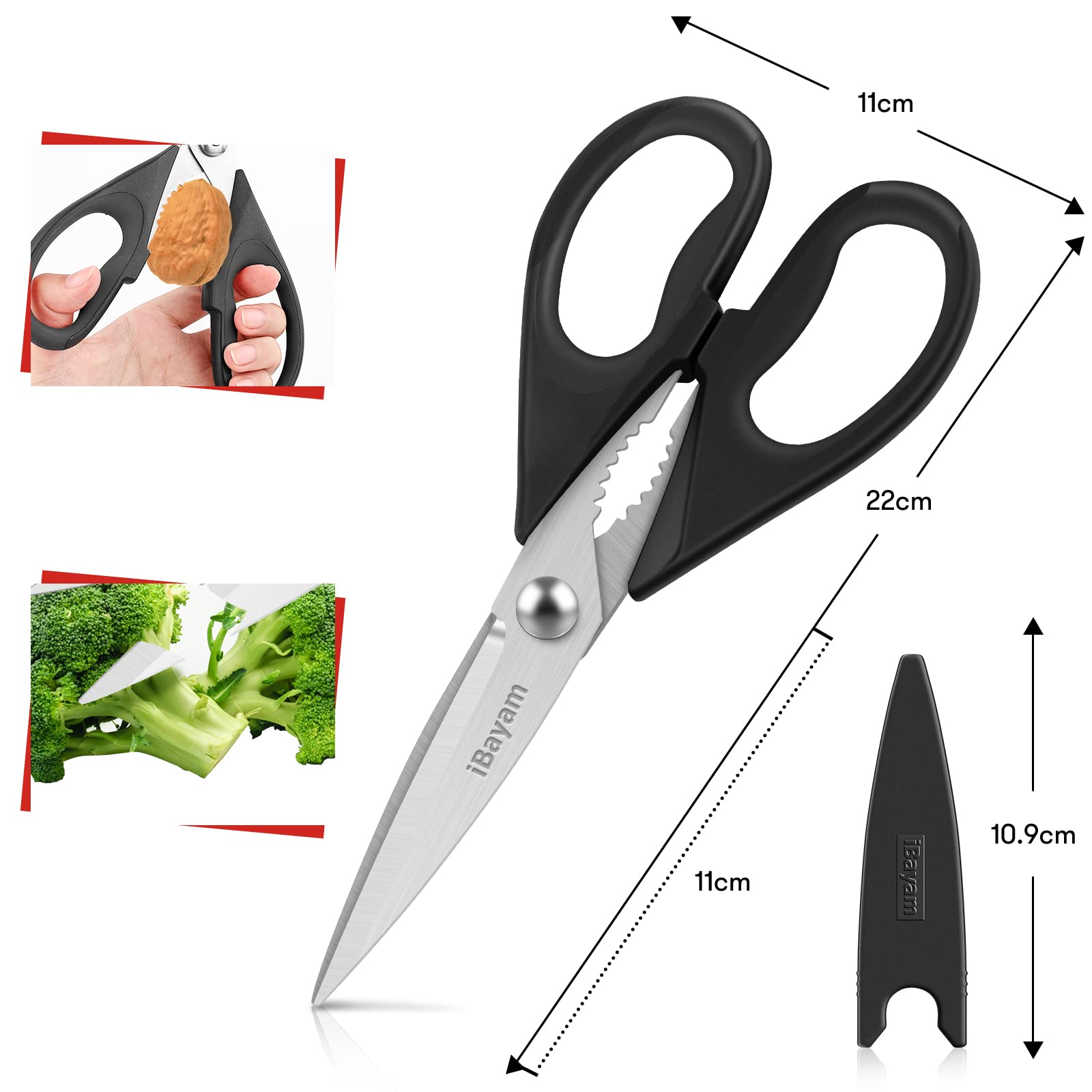 iBayam Kitchen Scissors All Purpose Heavy Duty 2 Pack with Protective Sheath, Stainless Steel Shears Kitchen Utensils Set for Cutting Food Cooking Meat Poultry Dishwasher Safe Soft Comfort-Grip