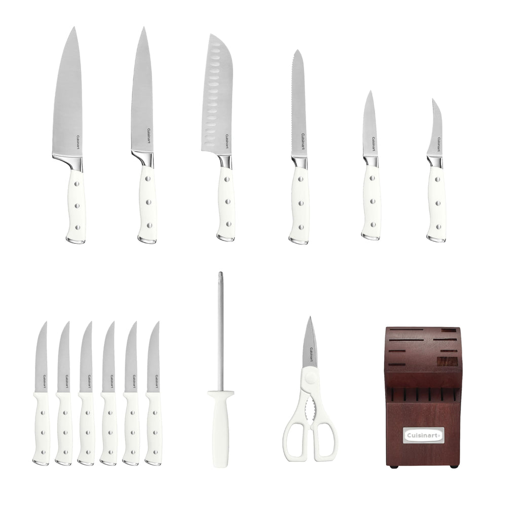 Cuisinart 15-Piece Knife Set with Block, High Carbon Stainless Steel, Forged Triple Rivet, White, C77WTR-15P