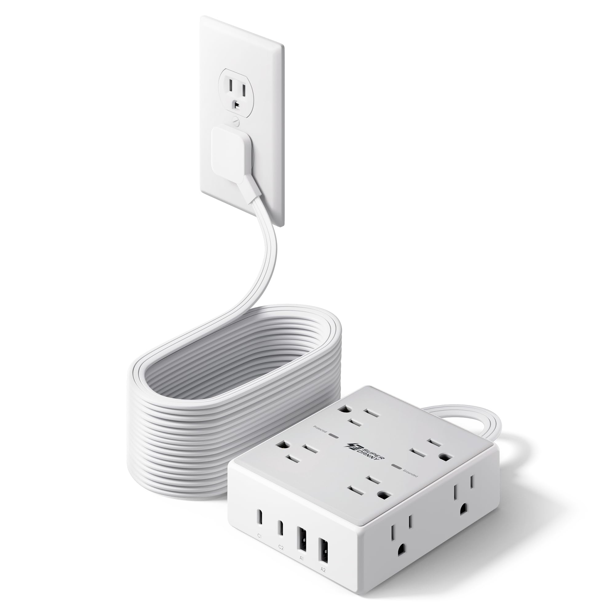 10Ft Extension Cord with Multiple Outlets, Flat Plug Surge Protector Power Strip 10 Ft Long Cord, 8 Outlets & 4 USB Ports (2 USB C), Desk Charging Station for Home Office, College Dorm Room Essentials