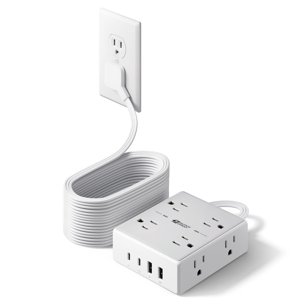 10Ft Extension Cord with Multiple Outlets, Flat Plug Surge Protector Power Strip 10 Ft Long Cord, 8 Outlets & 4 USB Ports (2 USB C), Desk Charging Station for Home Office, College Dorm Room Essentials