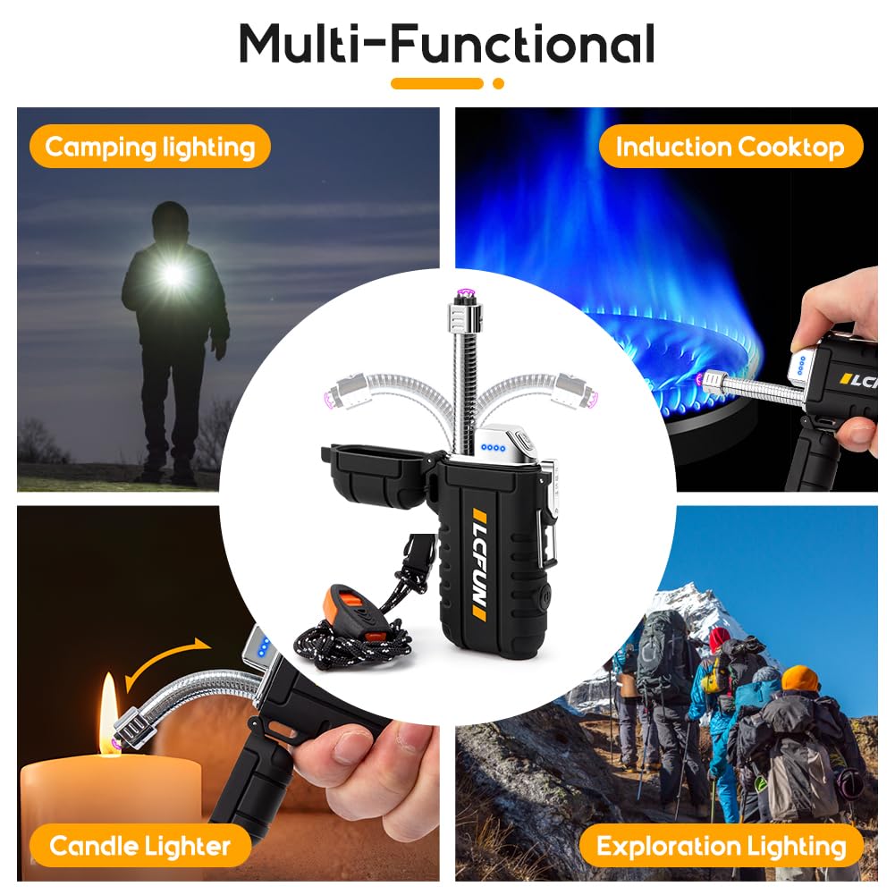 LcFun Electric Dual Arc Lighter USB Rechargeable Outdoor Windproof Flameless Plasma Lighters for Camping, Hiking, Waterproof Matches Survival Tactical Gear Birthday Gifts for Men