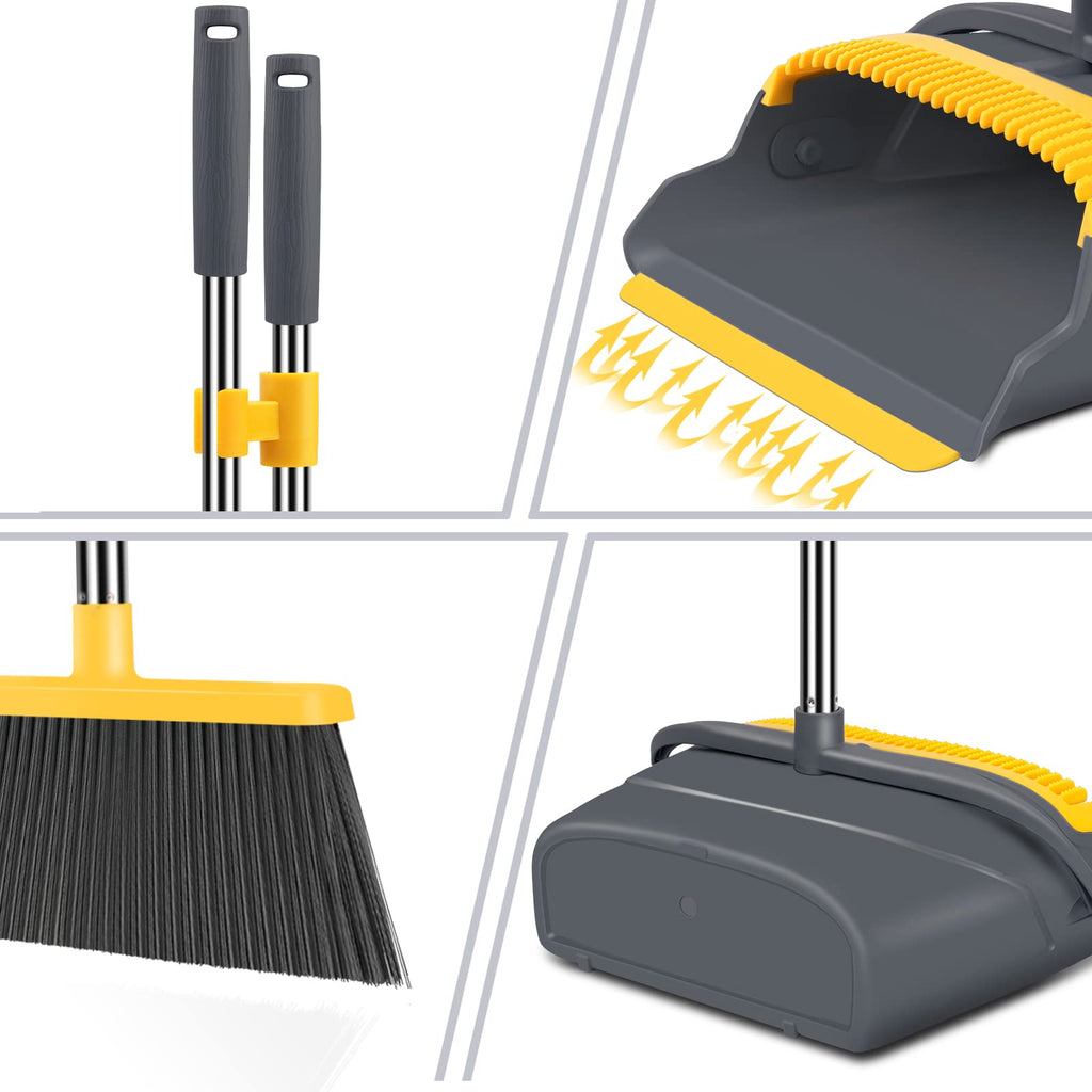 Upgrade Broom and Dustpan Set, Self-Cleaning with Dustpan Teeth, Indoor&Outdoor Sweeping, Ideal for Dog Cat Pets Home Use, Stand Up Broom and Dustpan (Gray&Orange)