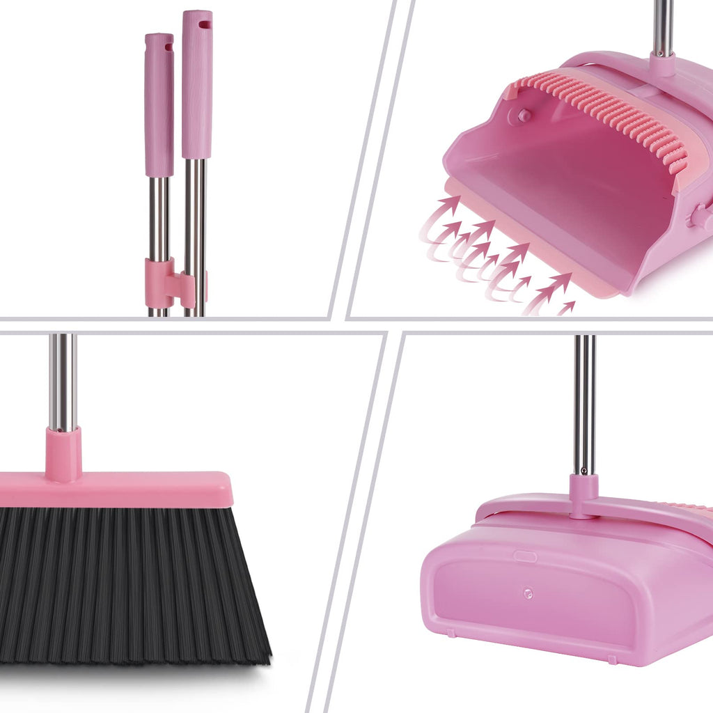 Upgrade Broom and Dustpan Set, Self-Cleaning with Dustpan Teeth, Indoor&Outdoor Sweeping, Ideal for Dog Cat Pets Home Use, Stand Up Broom and Dustpan (Gray&Orange)